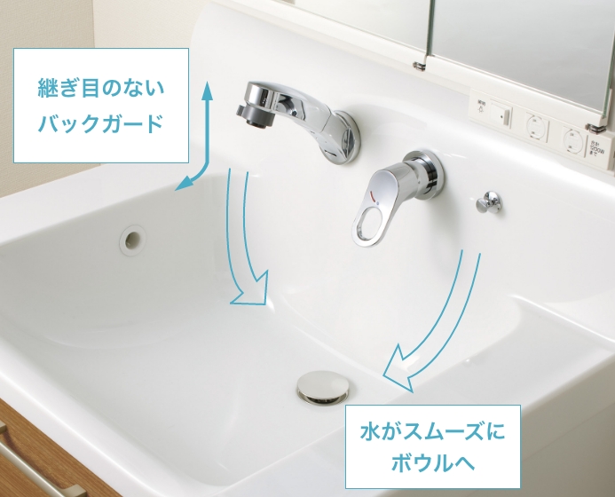 継ぎ目がなく汚れがたまりにくいのでお手入れが簡単な洗面台のハイバックガード