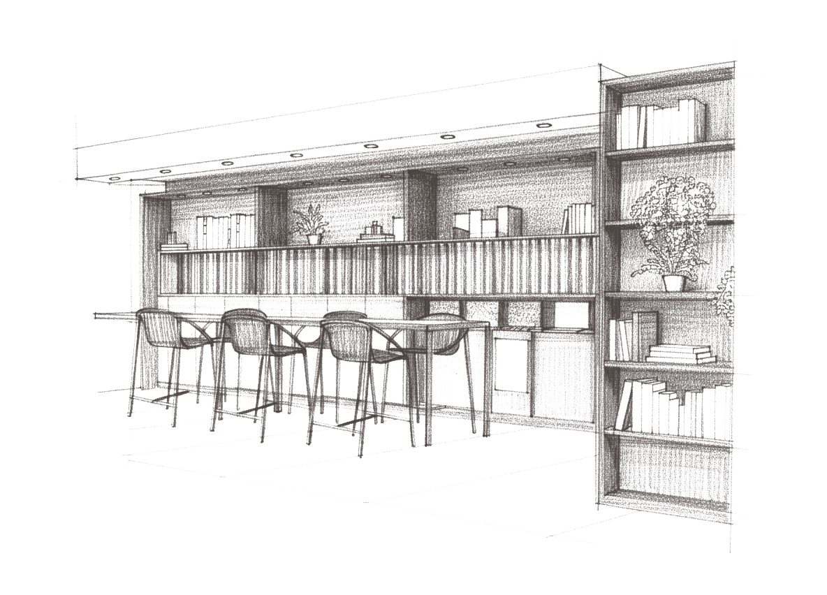 キッチンの扉材や人造大理石カウンターのサンプルが揃うマテリアルライブラリ。素材や色のコーディネートが可能