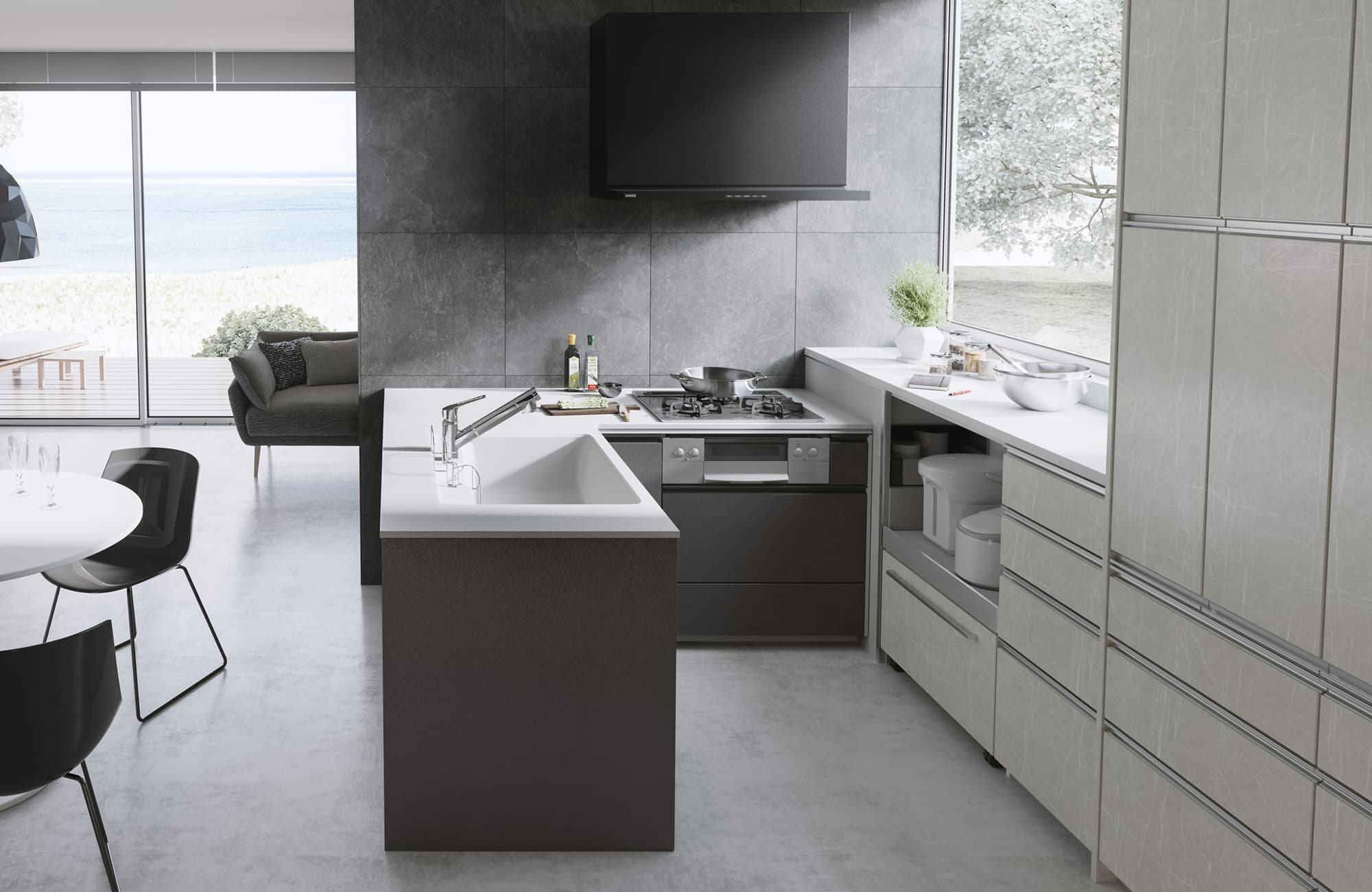 スタイリッシュスタイルのキッチン・リビング空間：トクラスのコーディネート例